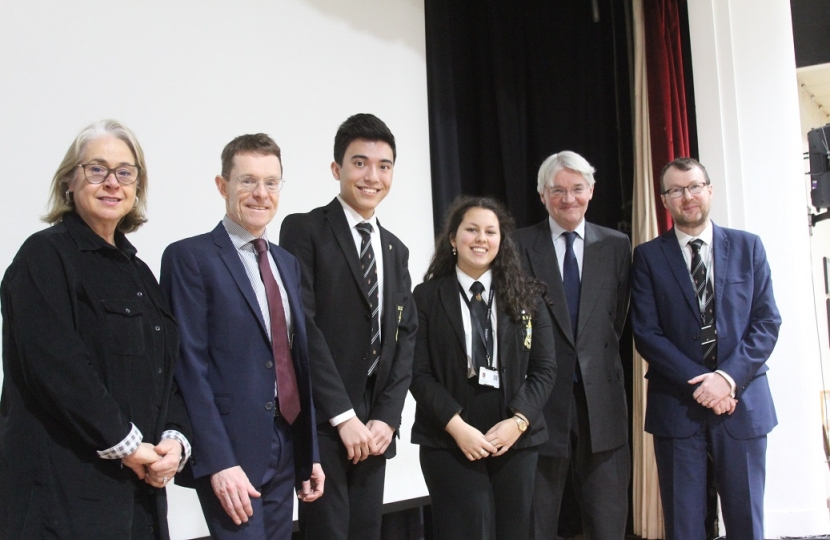 Joanna Davis, Chair of Governors at Bishop Vesey’s School, West Midlands Mayor Andy Street, Jaden Lo-Watson and Ruby Cooper of the school council, Andrew Mitchell MP and headteacher Dominic Robson.
