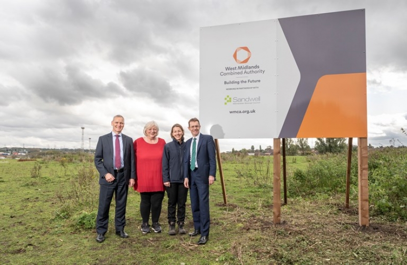 David Warburton WMCA head of land and development, Cllr Yvonne Davies Sandwell Council leader, Julie Rossiter head of property development for Severn Trent and Andy Street Mayor of the West Midlands, at the Friar Park site.