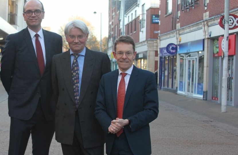 West Midlands Mayor Andy Street with Sutton Coldfield MP Andrew Mitchell and Cllr Simon Ward, leader of Royal Sutton Coldfield Town Council, in the town centre.