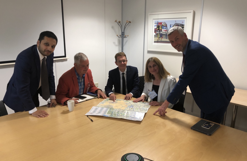 West Midlands Mayor Andy Street with Saqib Bhatti MP, Pete Bond, Director of Integrated Transport Services, Travel for the West Midlands, and Meriden councillors Andrew Burrow and Diane Howell