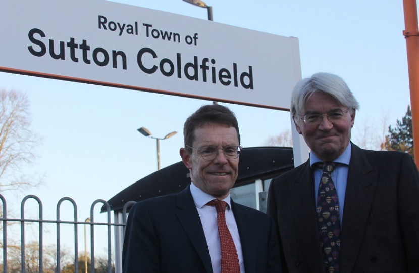 West Midlands Mayor Andy Street with Andrew Mitchell MP at Sutton railway station. Plans to reopen the old line through the park could result in new stations being built at Streetly and Walmley.